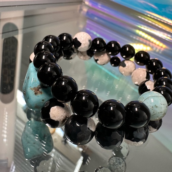 BLACK/WHITE AGATE + ONYX NATURAL BRACELET size 7”set of 2 - Picture 5 of 9